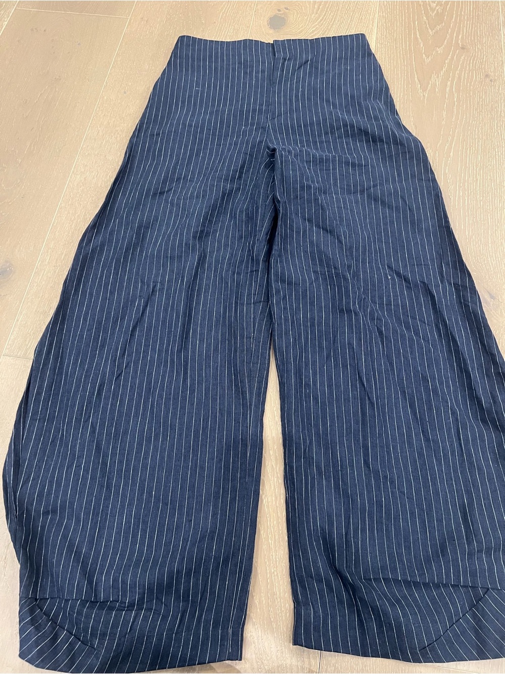 Navy Pinstripe Barrel Leg Pants